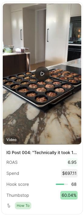 IG Post 004 creative card: How To hook video, 60%+ thumb stop rate